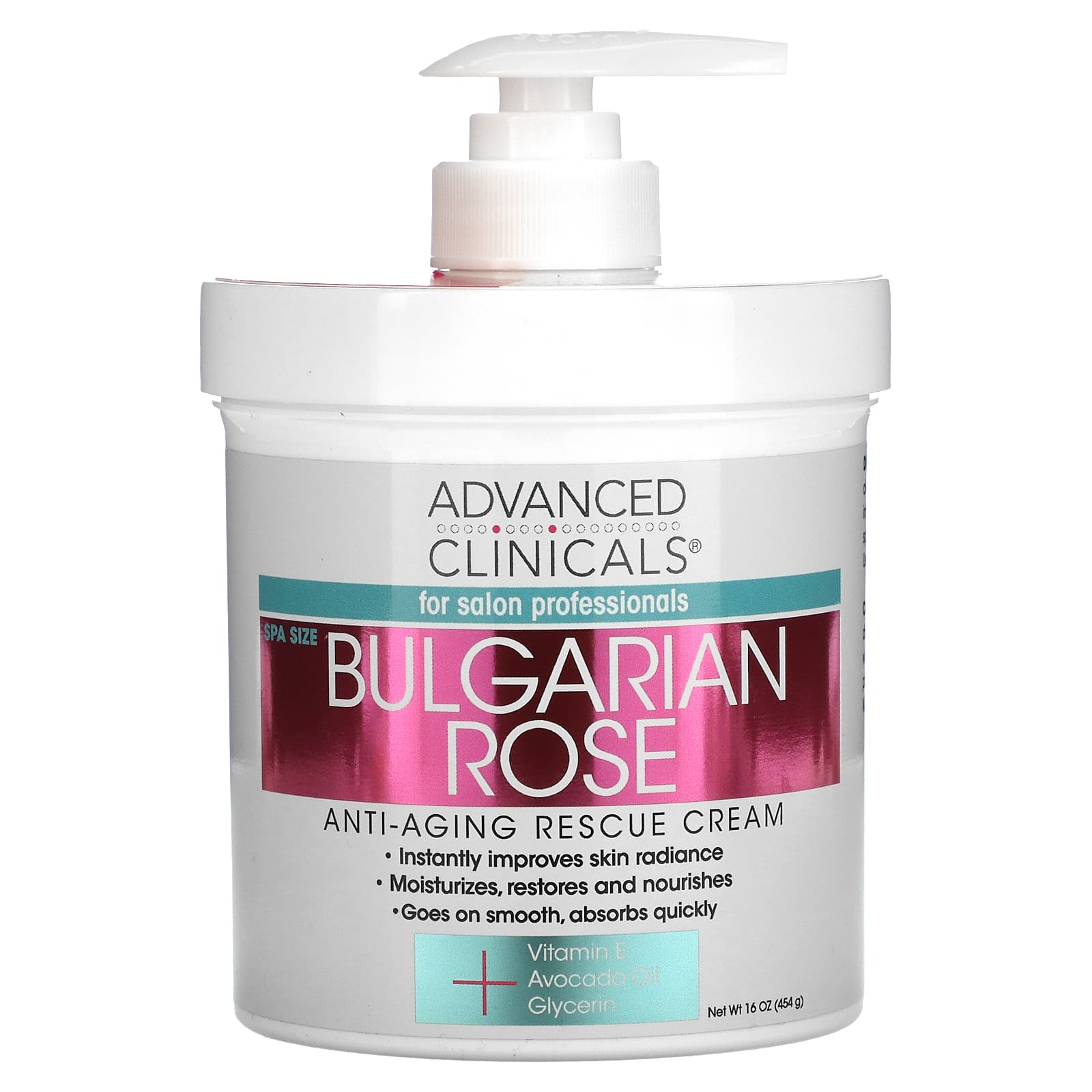 Bottle of Advanced Clinicals Bulgarian Rose Anti-Aging Rescue Cream on a white background
