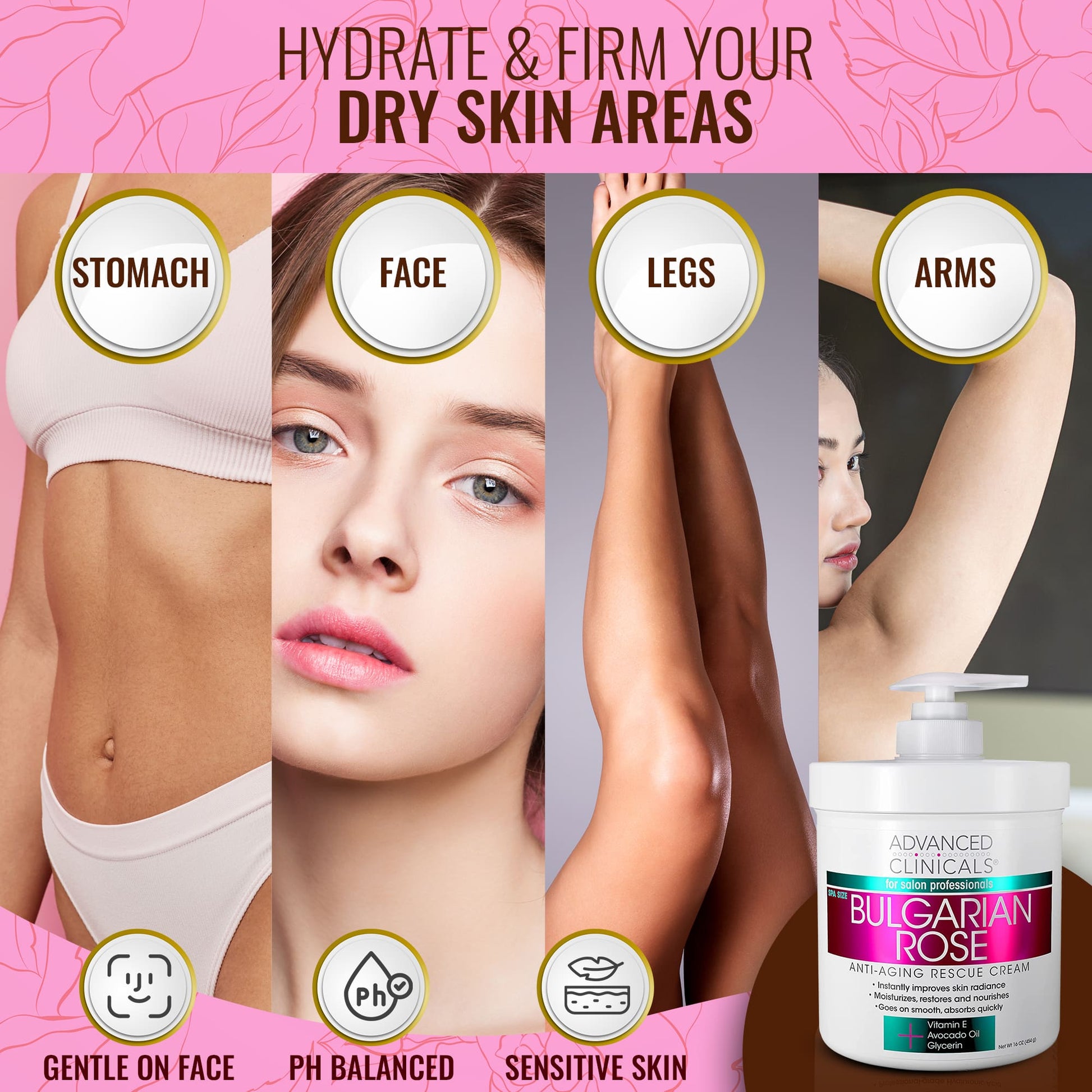 Advertisement for a skincare product with images of skin areas and a bottle labeled 'Bulgarian Rose'.