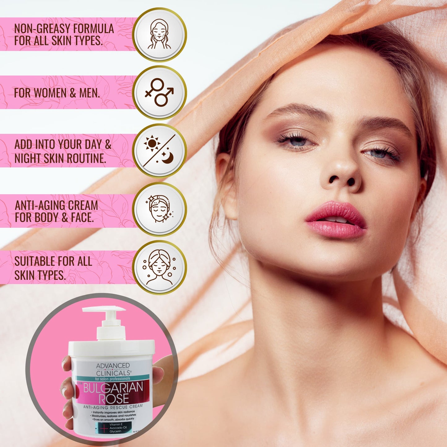 Woman applying cream with product packaging and text about its benefits on a pink background