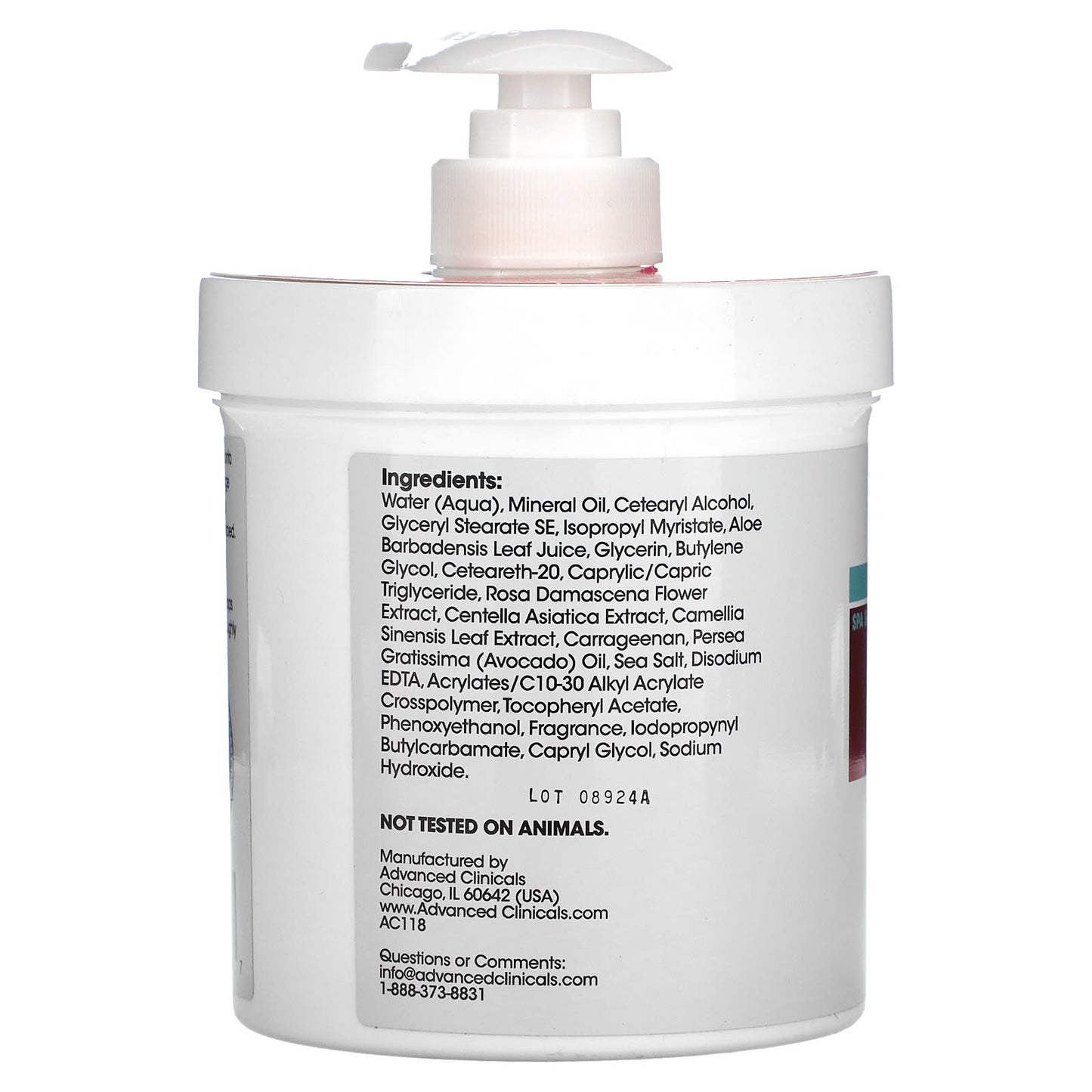 White jar with pump and ingredient list on a white background