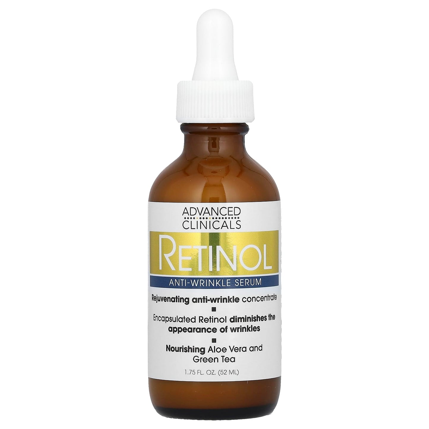 Brown bottle of Advanced Clinicals Retinol Anti-Wrinkle Serum with dropper on a white background