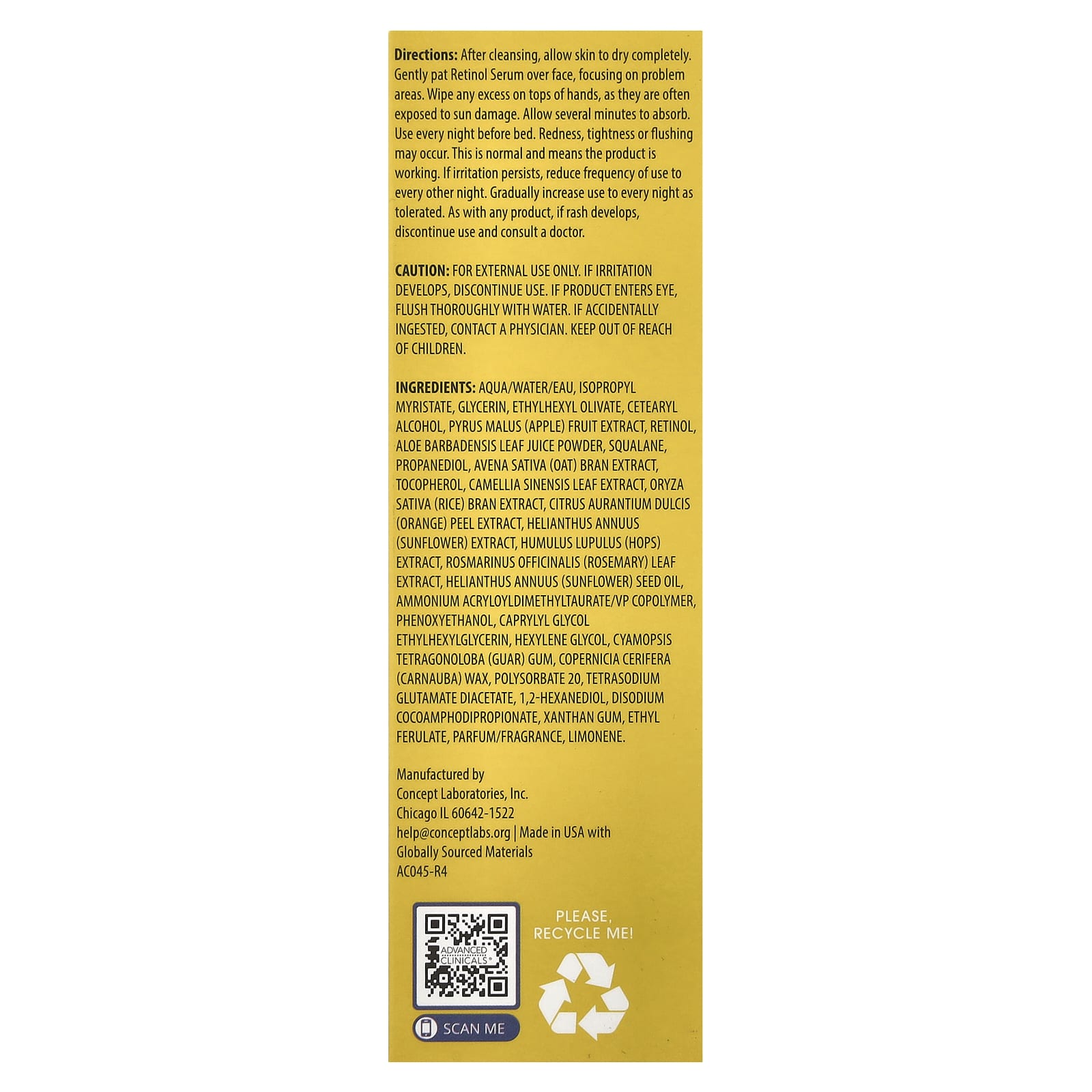 Product label with text and QR code on a yellow background