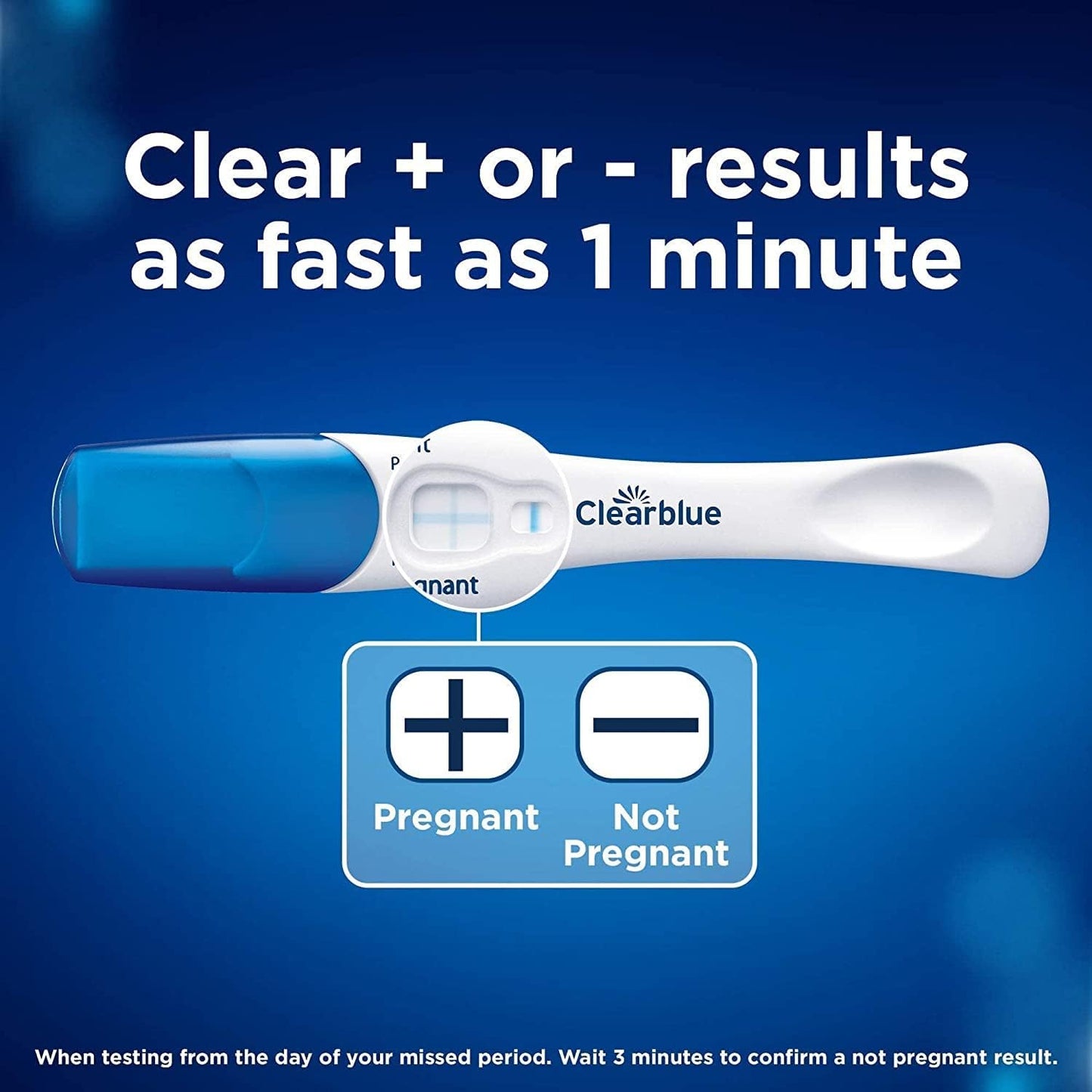 Clearblue pregnancy test on a blue background with text about results speed.