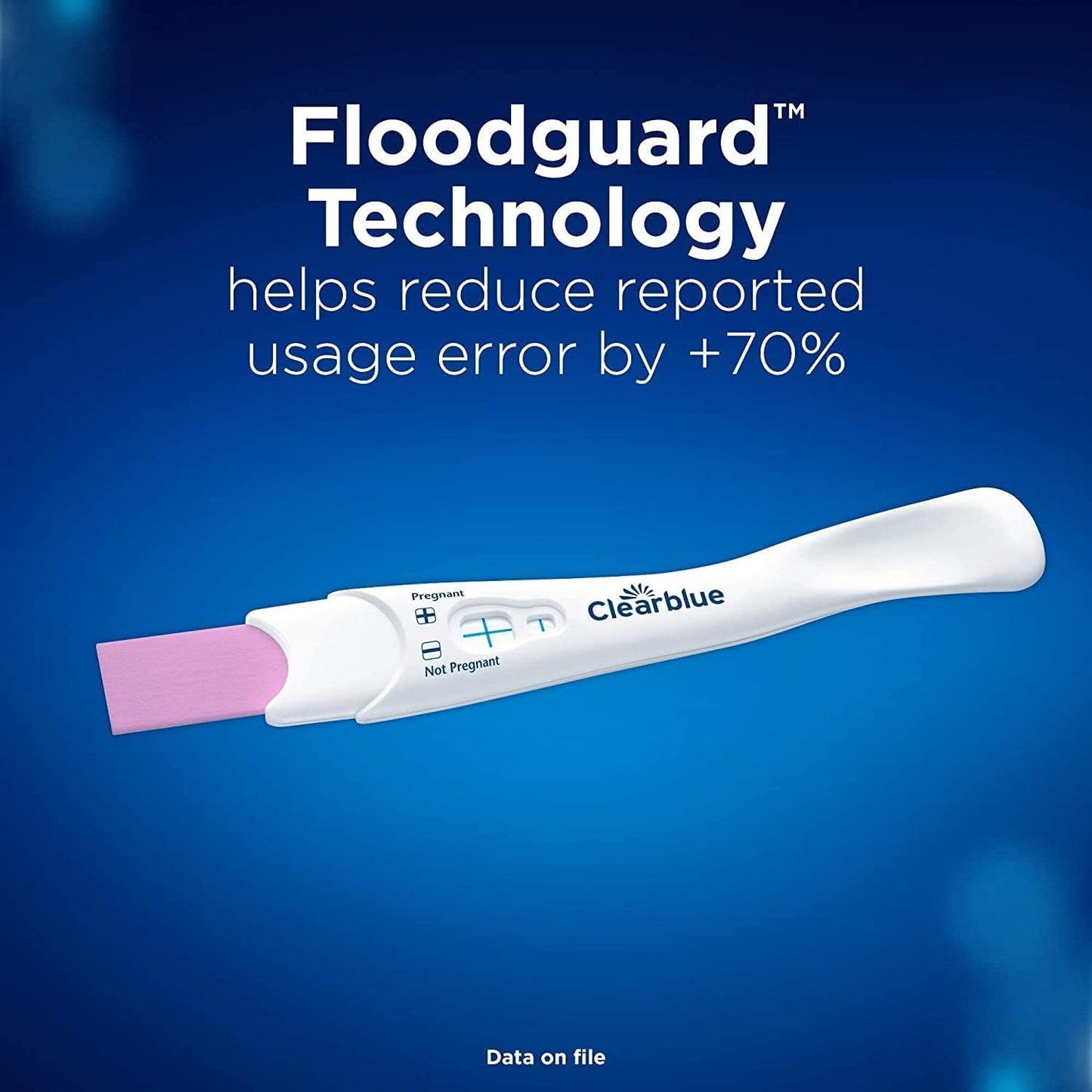 Clearblue pregnancy test with Floodguard Technology on a blue background