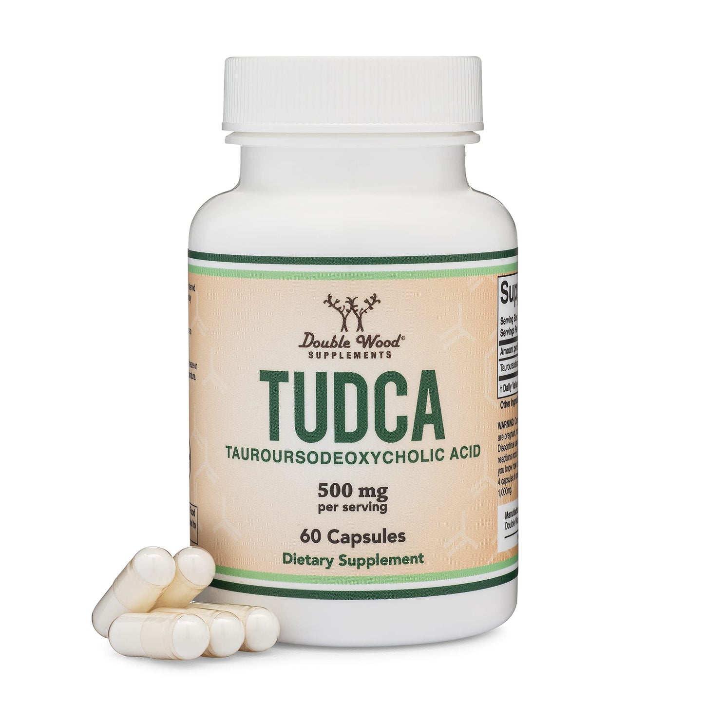 Supplement bottle labeled 'TUDCA' with capsules on a white background
