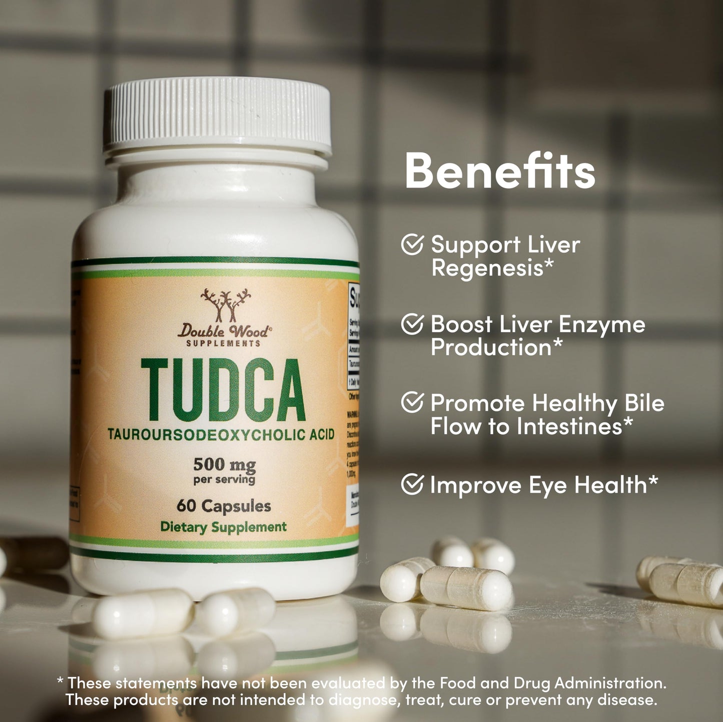 Bottle of TUDCA supplement with benefits listed on a neutral background