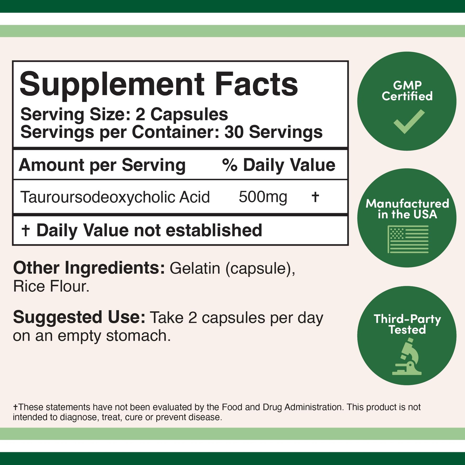 Supplement facts label with GMP certified, manufactured in the USA, and third-party tested icons.