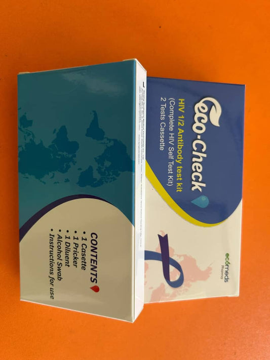 Two boxes of 'eco.Check' HIV test kits on an orange background
