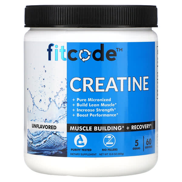 Fitcode Creatine supplement container with blue label on a white background