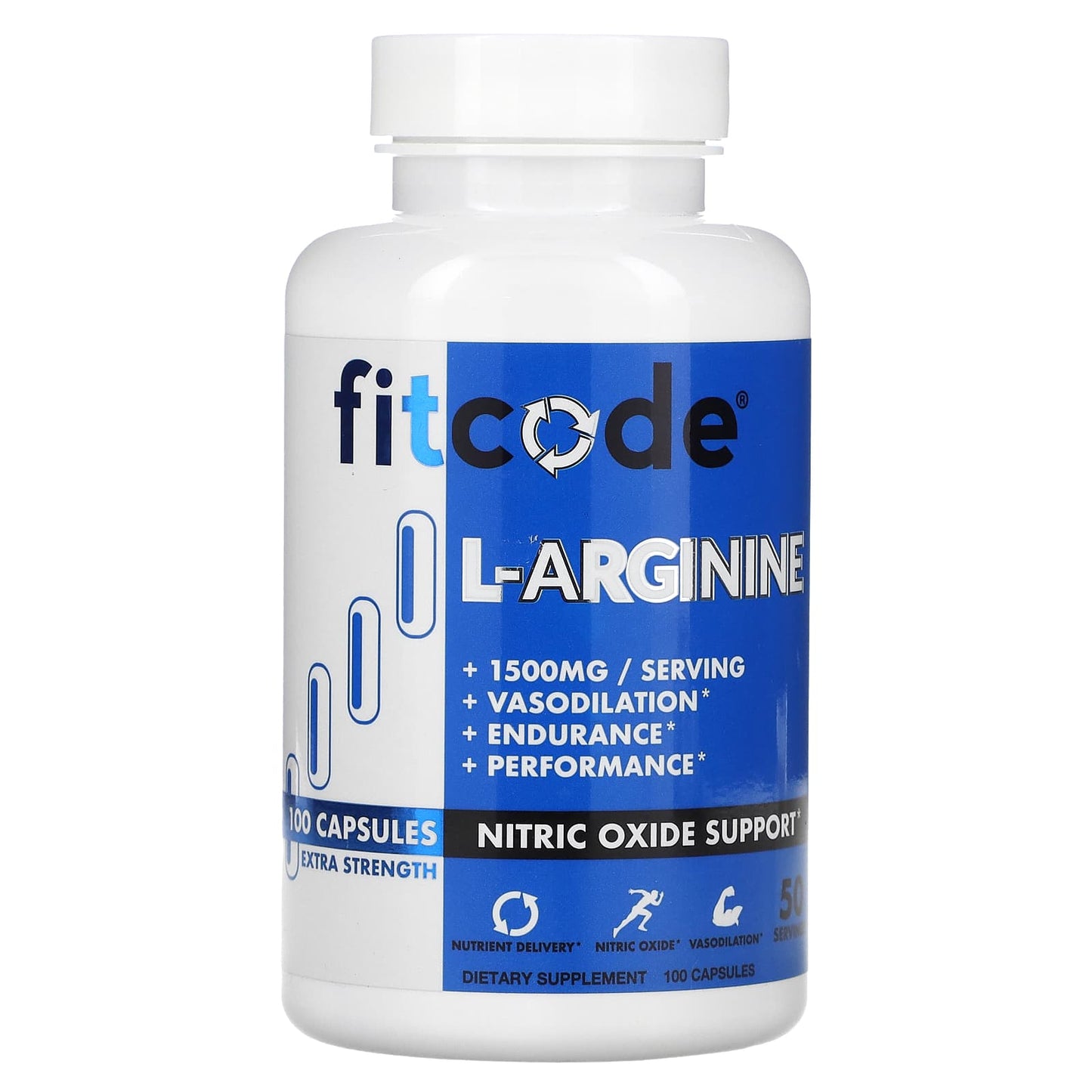 Fitcode L-Arginine supplement bottle on a white background