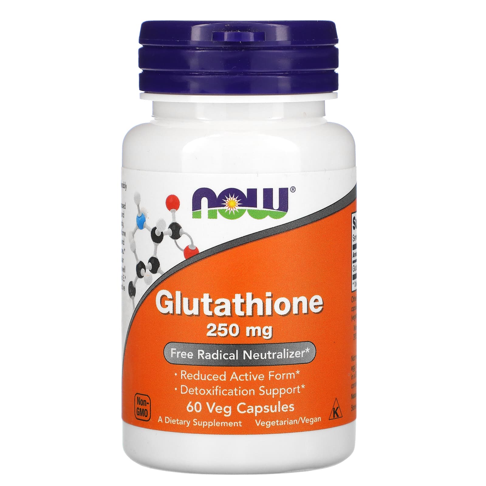 Supplement bottle labeled 'Glutathione 250 mg' with NOW brand on a white background