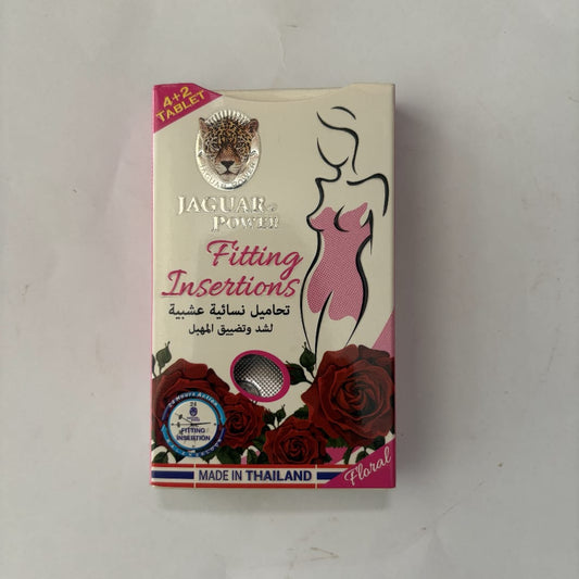 Box of Jaguar Fitting Insertions with roses and a woman's silhouette on a white background