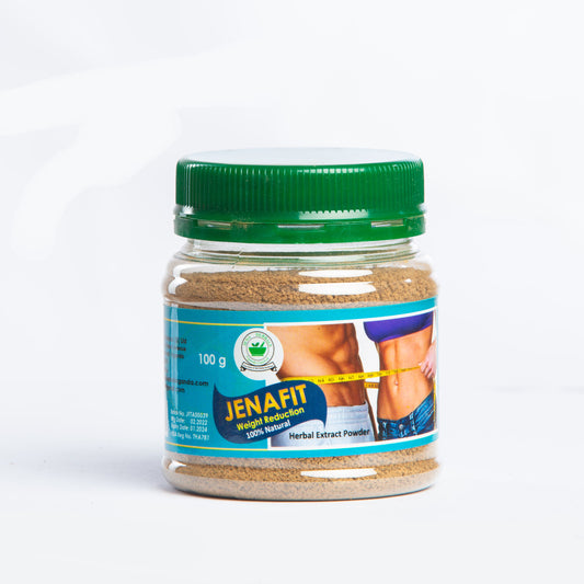 Jar of JenaFit herbal extract powder with a white background