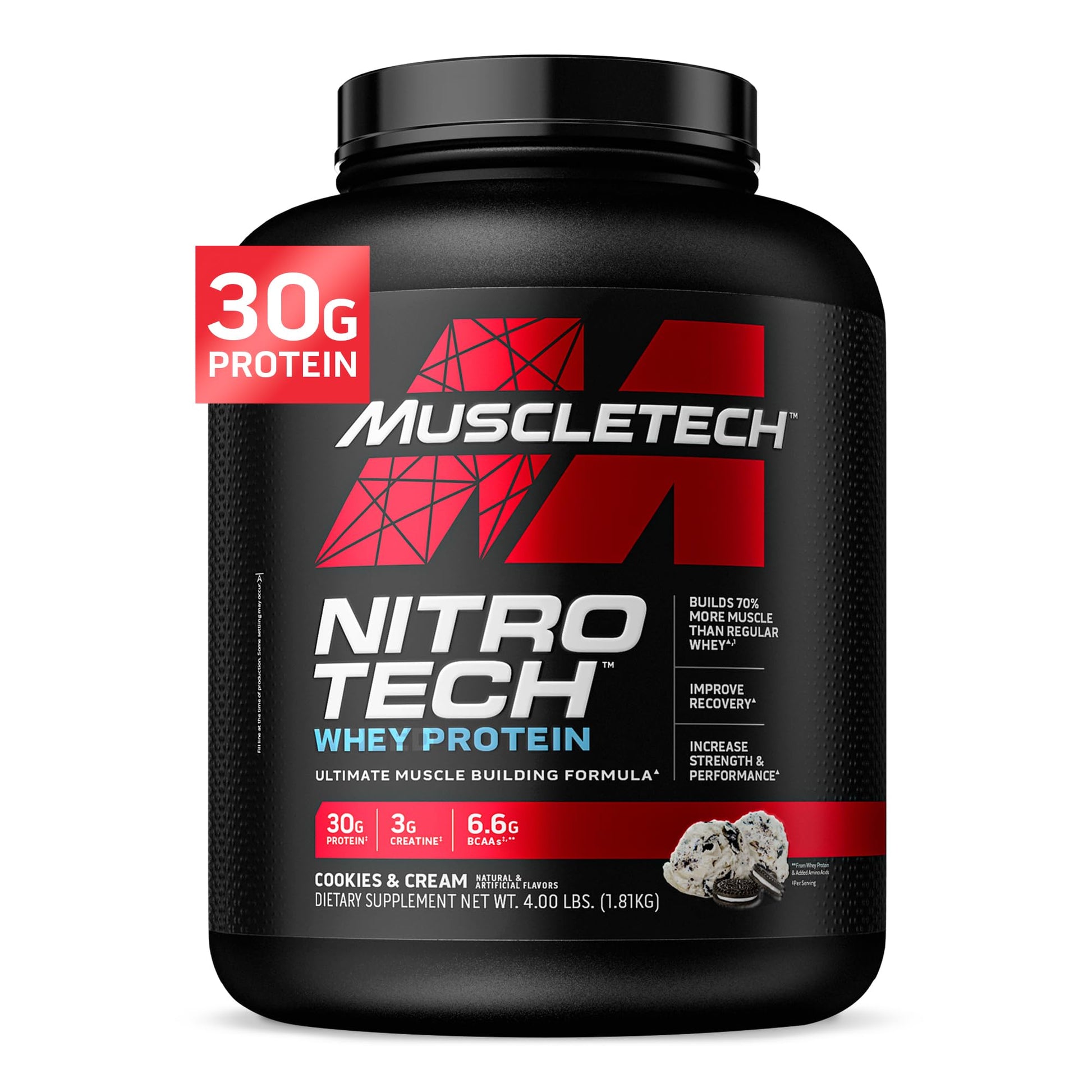 Muscletech Nitro Tech Whey Protein container on a white background