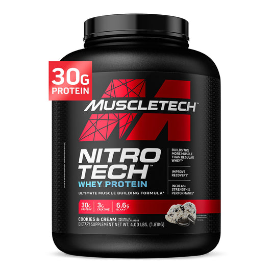 Muscletech Nitro Tech Whey Protein container on a white background