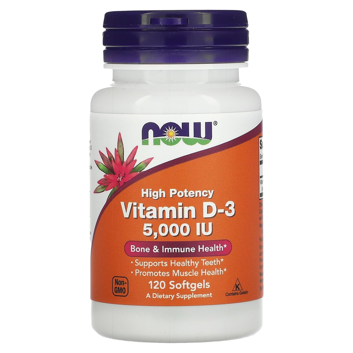 Supplement bottle labeled 'High Potency Vitamin D-3 5,000 IU' on a white background