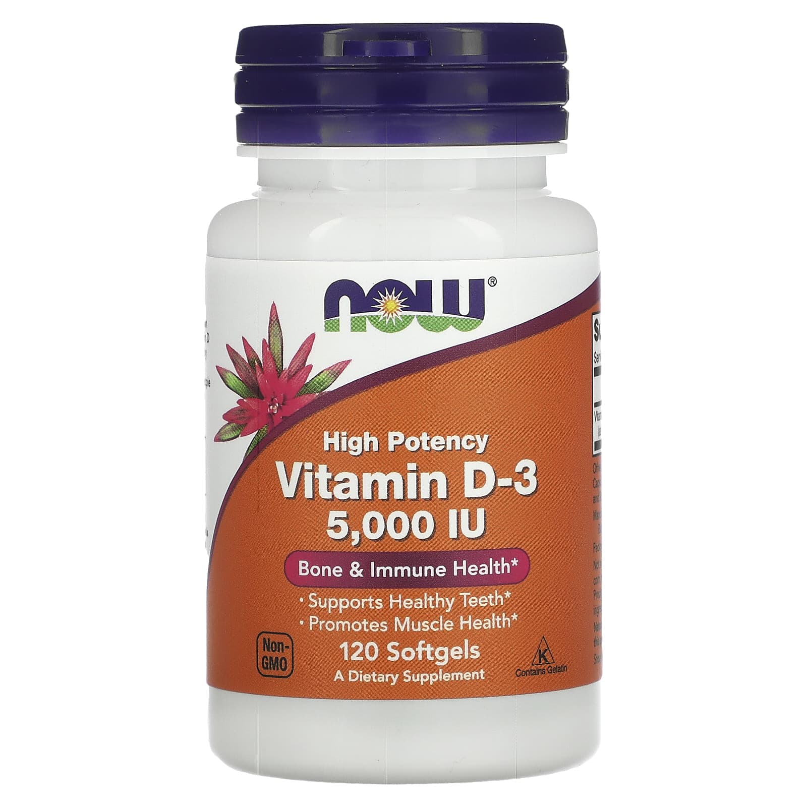 Supplement bottle labeled 'High Potency Vitamin D-3 5,000 IU' on a white background