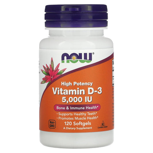 Supplement bottle labeled 'High Potency Vitamin D-3 5,000 IU' on a white background