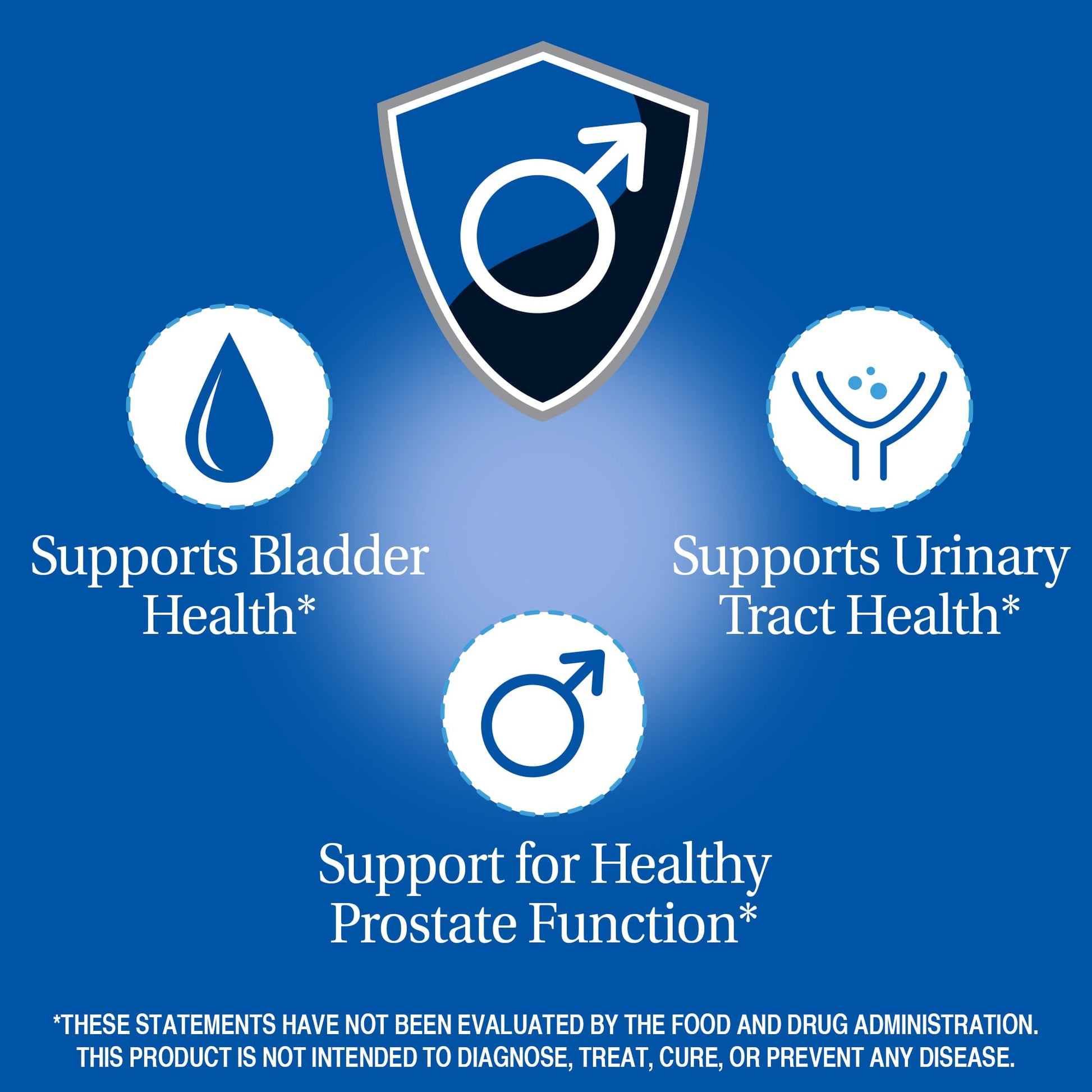 Health benefits of a product on a blue background with icons and text.