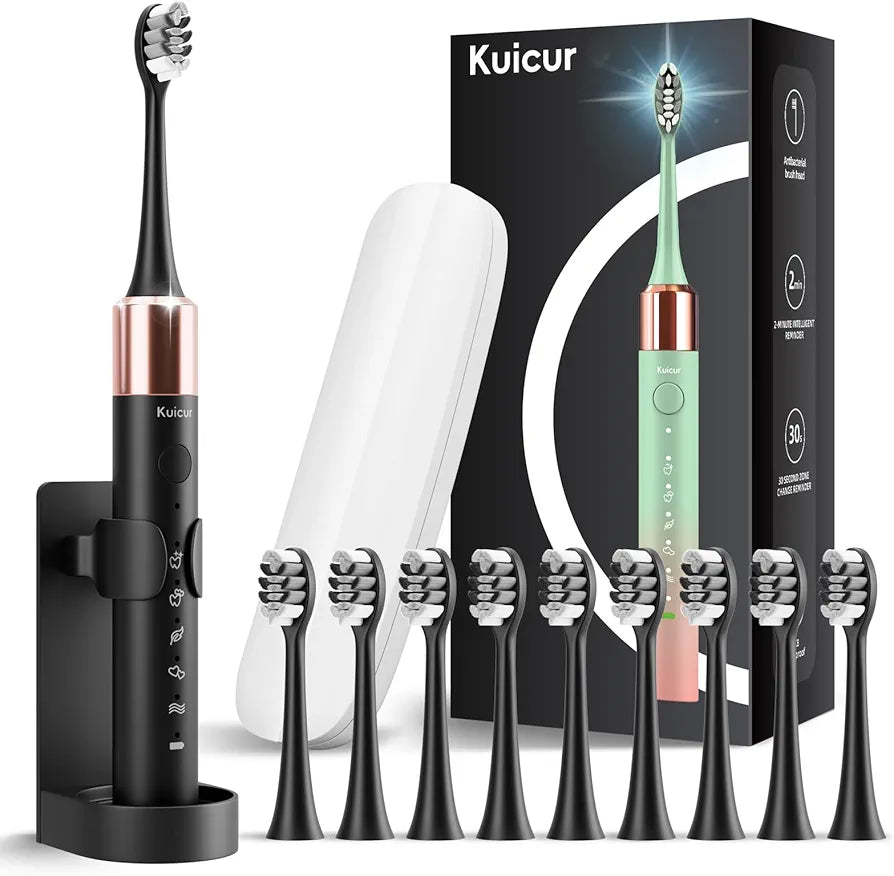 Brosse à dents électrique sonique pour adultes et enfants, livrée avec 10 têtes de brosse, un étui de voyage, 5 modes avec minuteur intelligent intégré de 2 minutes, une charge pour 90 jours, moteur 42 000 VPM (noir)