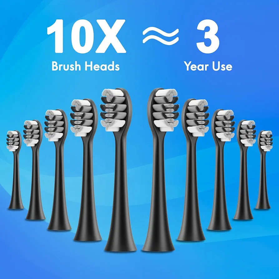 Brosse à dents électrique sonique pour adultes et enfants, livrée avec 10 têtes de brosse, un étui de voyage, 5 modes avec minuteur intelligent intégré de 2 minutes, une charge pour 90 jours, moteur 42 000 VPM (noir)