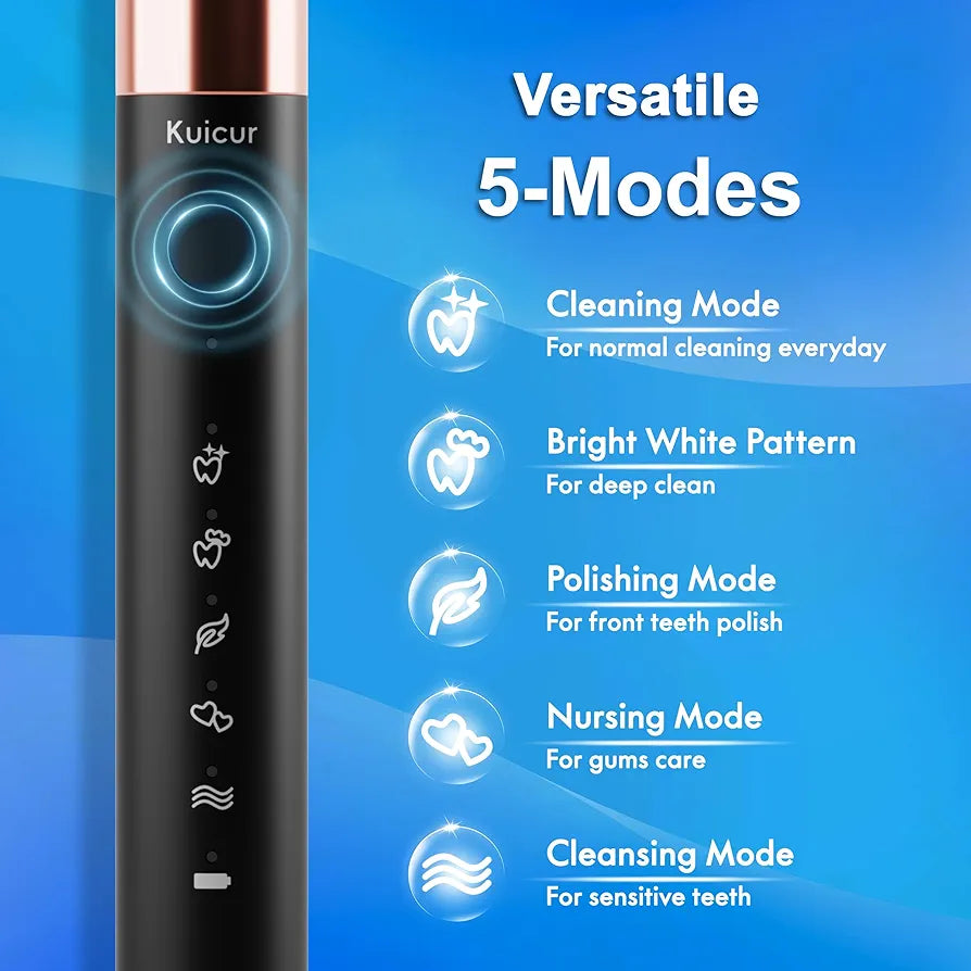 Brosse à dents électrique sonique pour adultes et enfants, livrée avec 10 têtes de brosse, un étui de voyage, 5 modes avec minuteur intelligent intégré de 2 minutes, une charge pour 90 jours, moteur 42 000 VPM (noir)