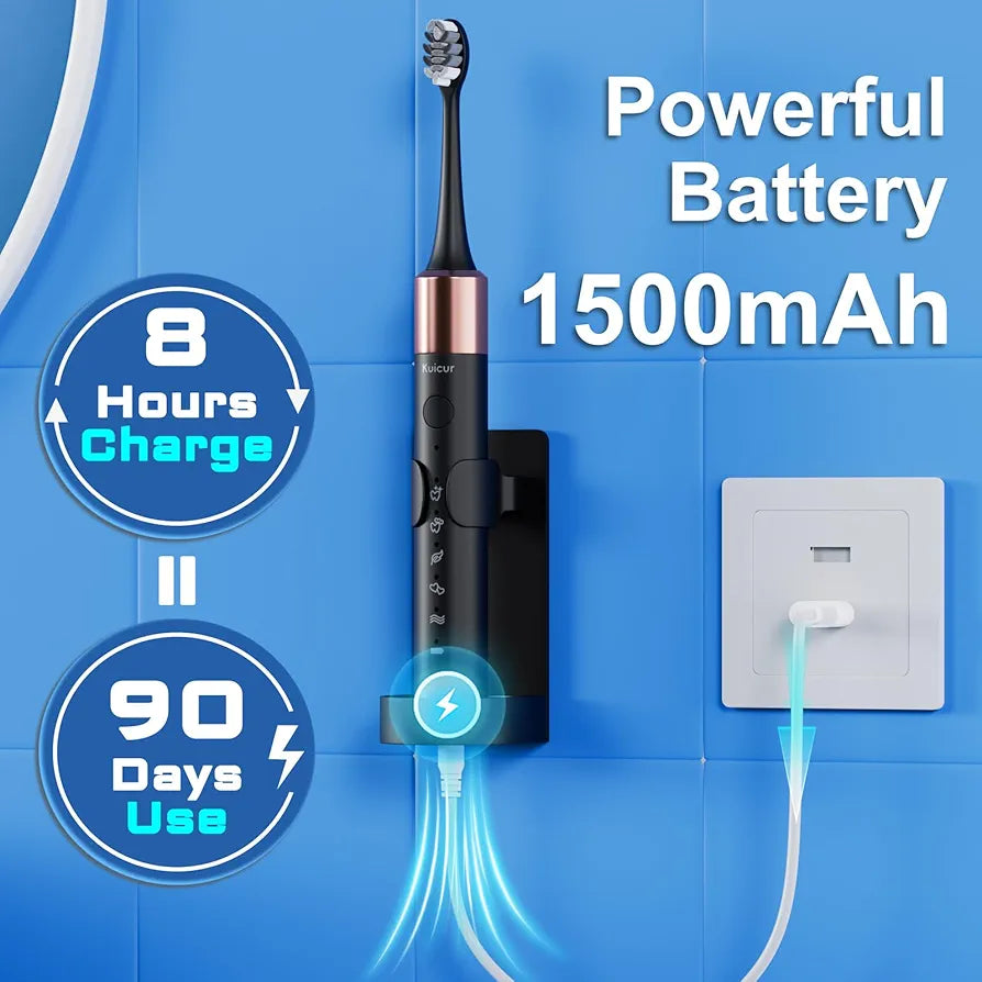 Brosse à dents électrique sonique pour adultes et enfants, livrée avec 10 têtes de brosse, un étui de voyage, 5 modes avec minuteur intelligent intégré de 2 minutes, une charge pour 90 jours, moteur 42 000 VPM (noir)