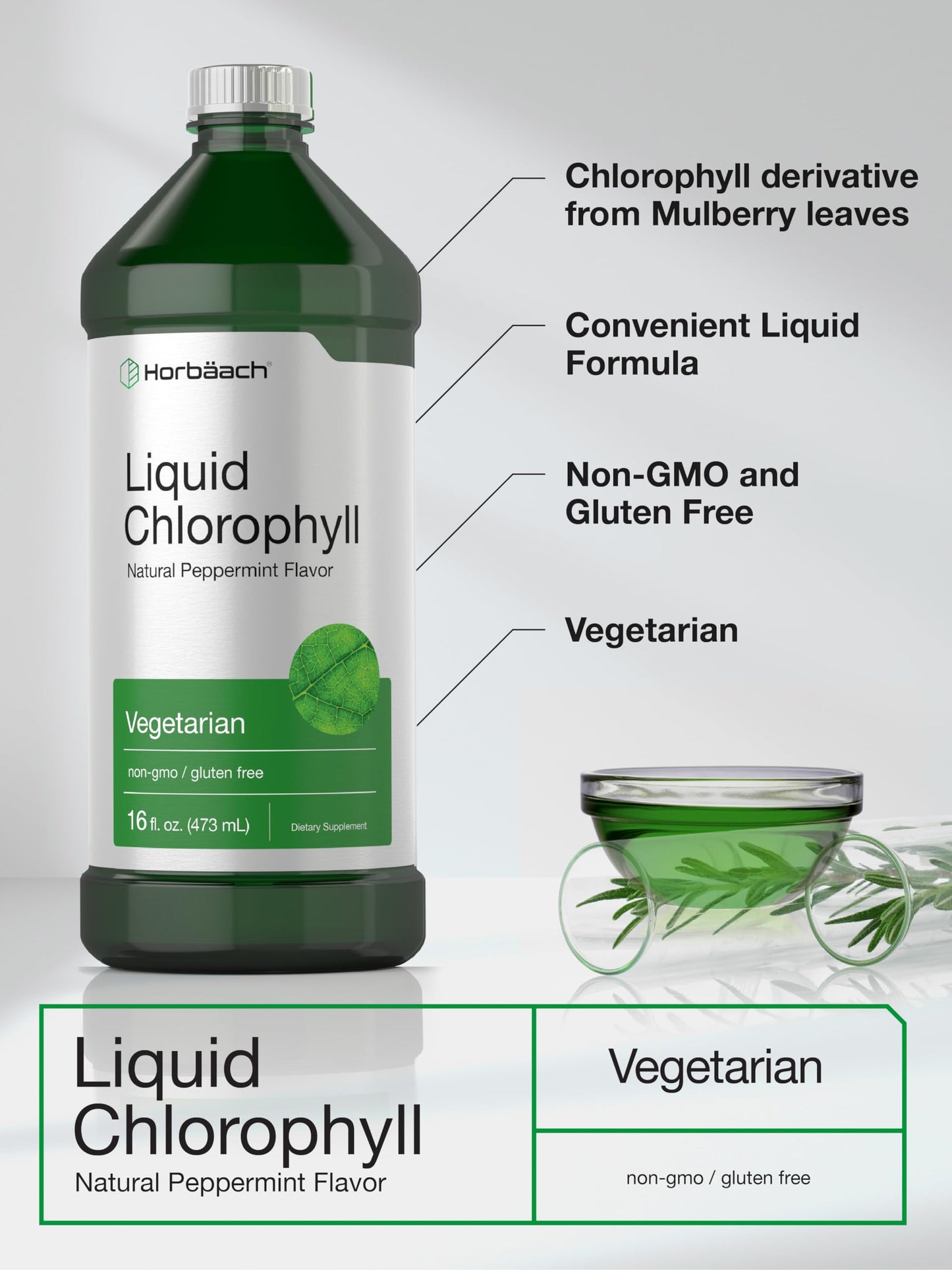 Horbaach Liquid Chlorophyll 100mg Natural Peppermint Flavor Veg 473ml