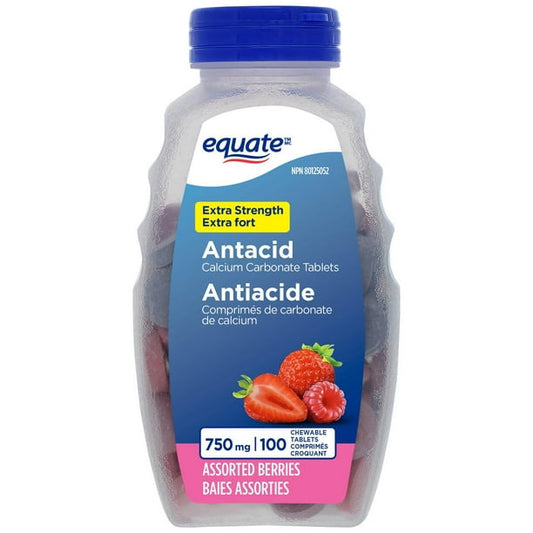 Equate Extra Strength Antacid Calcium Carbonate Tablets, 100 Chewable assorted berries