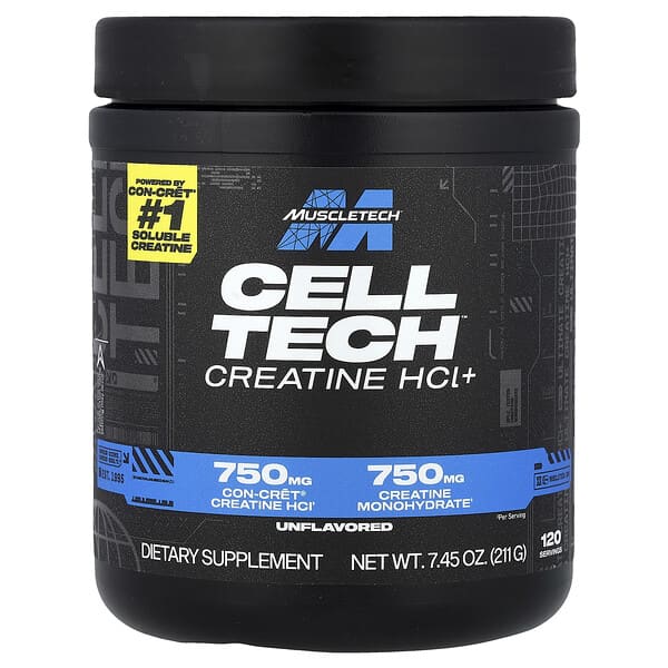Black supplement container labeled 'Cell Tech Creatine HCL+' by Muscletech on a white background.