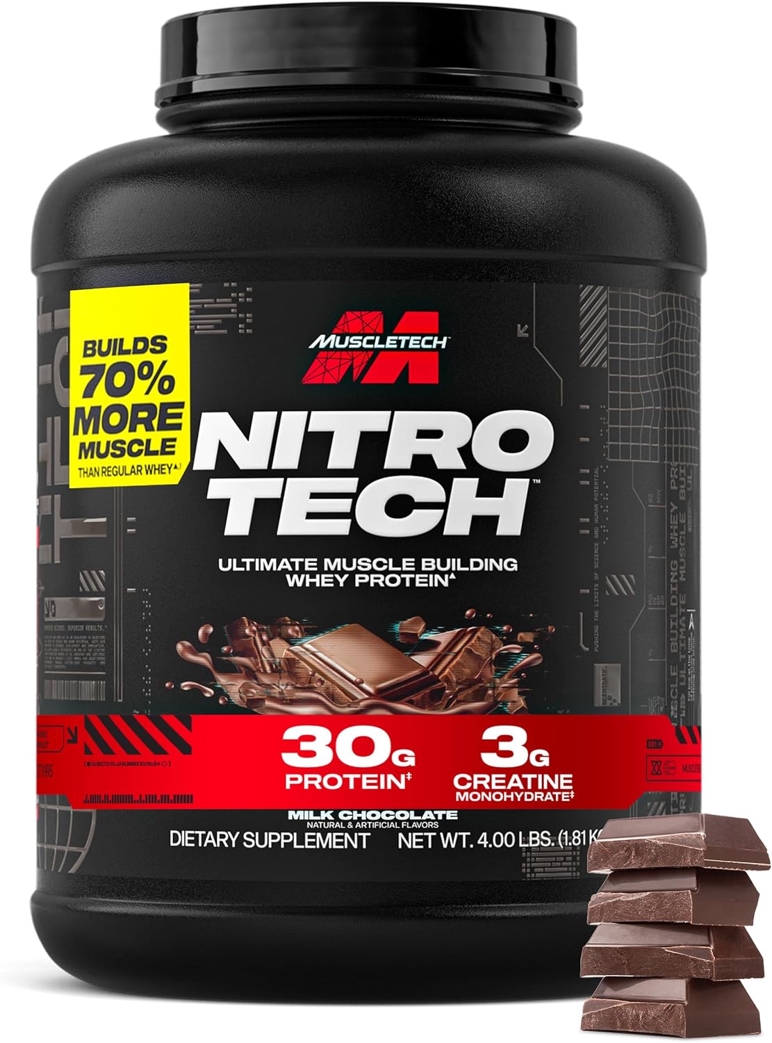Nitro-Tech : 30g Protéines + 3g Créatine, Zéro Ballonnements Chocolat au Lait 40 portions