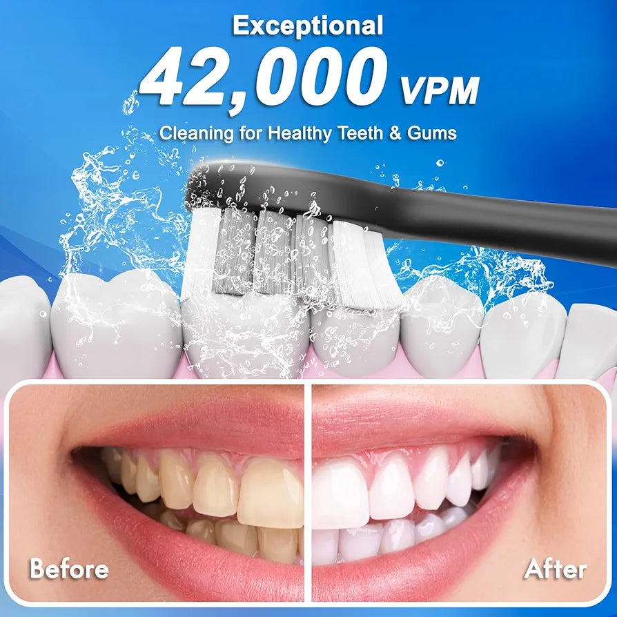 Brosse à dents électrique sonique pour adultes et enfants, livrée avec 10 têtes de brosse, un étui de voyage, 5 modes avec minuteur intelligent intégré de 2 minutes, une charge pour 90 jours, moteur 42 000 VPM (noir)