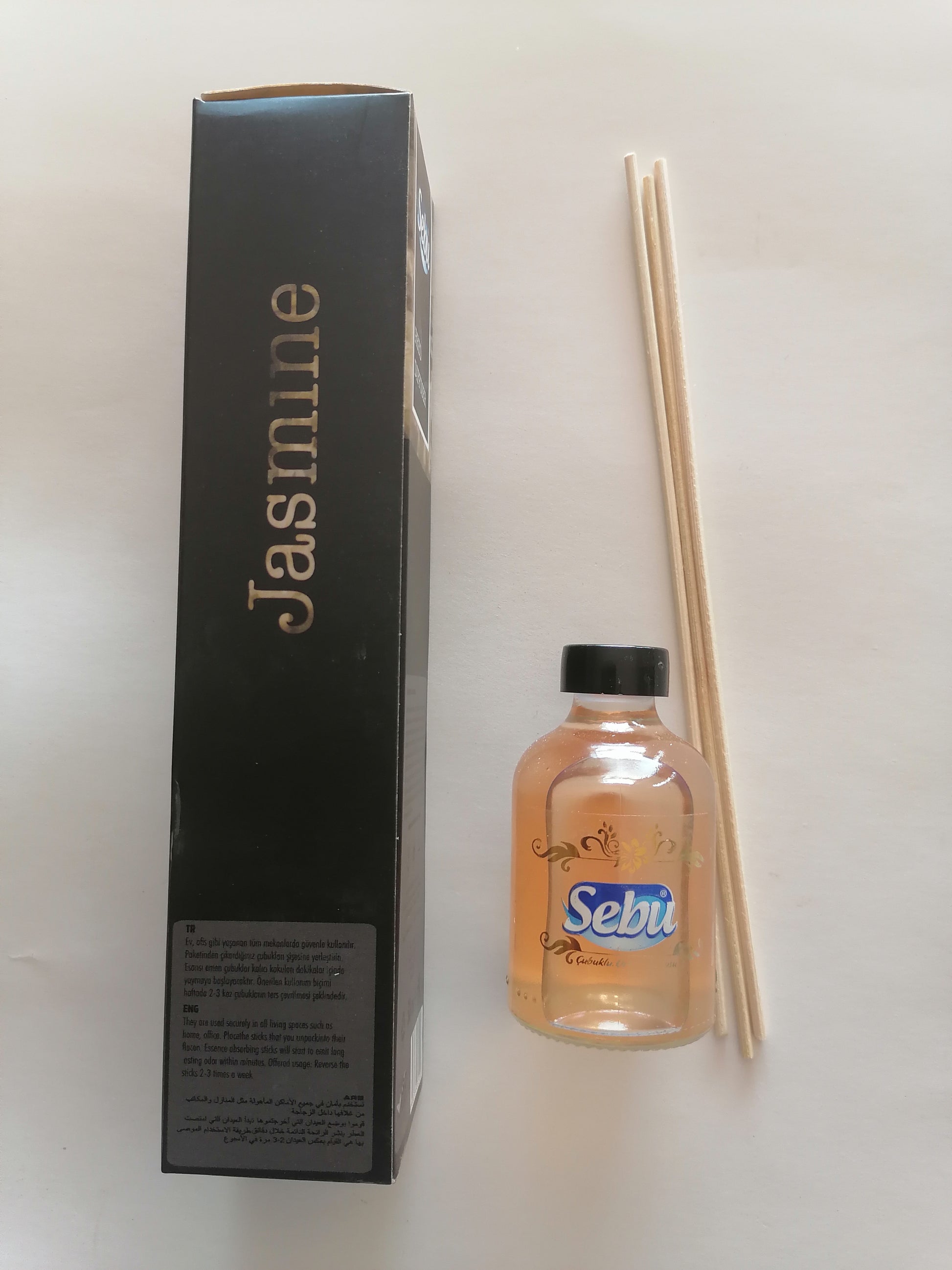 Sebi Jasmine diffuser bottle with packaging on a white background