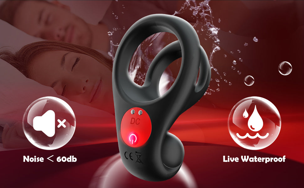 Black wireless earbud with features highlighted on a red background