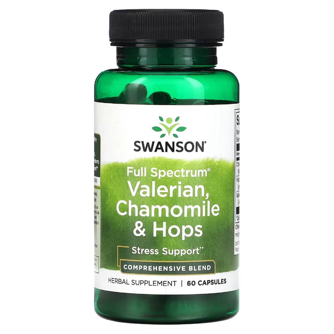 Swanson Full Spectrum Valerian, Chamomile & Hops supplement bottle on a white background