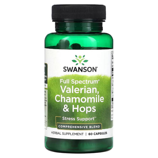 Swanson Full Spectrum Valerian, Chamomile & Hops supplement bottle on a white background