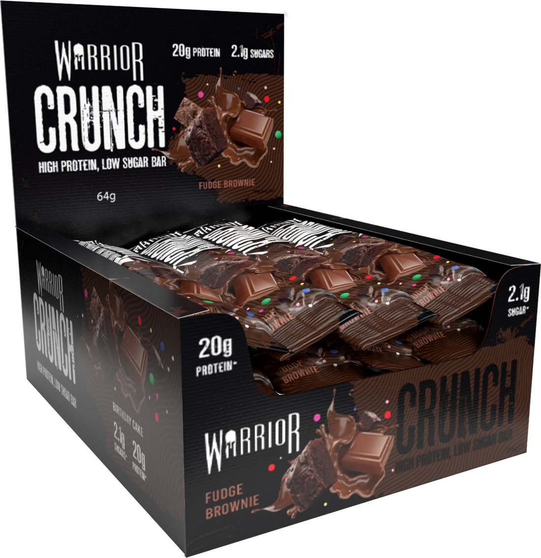 Box of Warrior Crunch Fudge Brownie protein bars on a white background