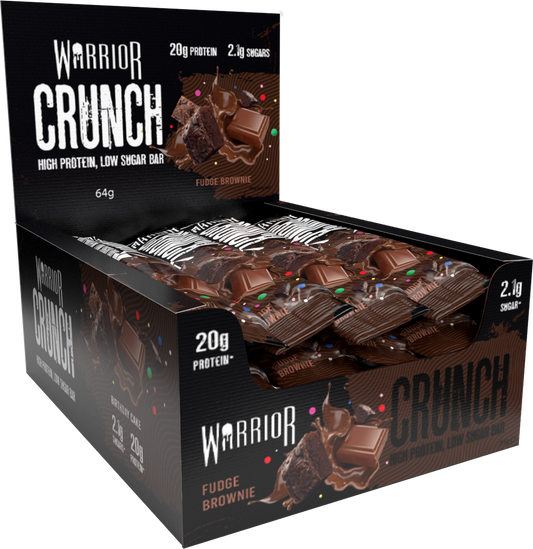 Box of Warrior Crunch Fudge Brownie protein bars on a white background