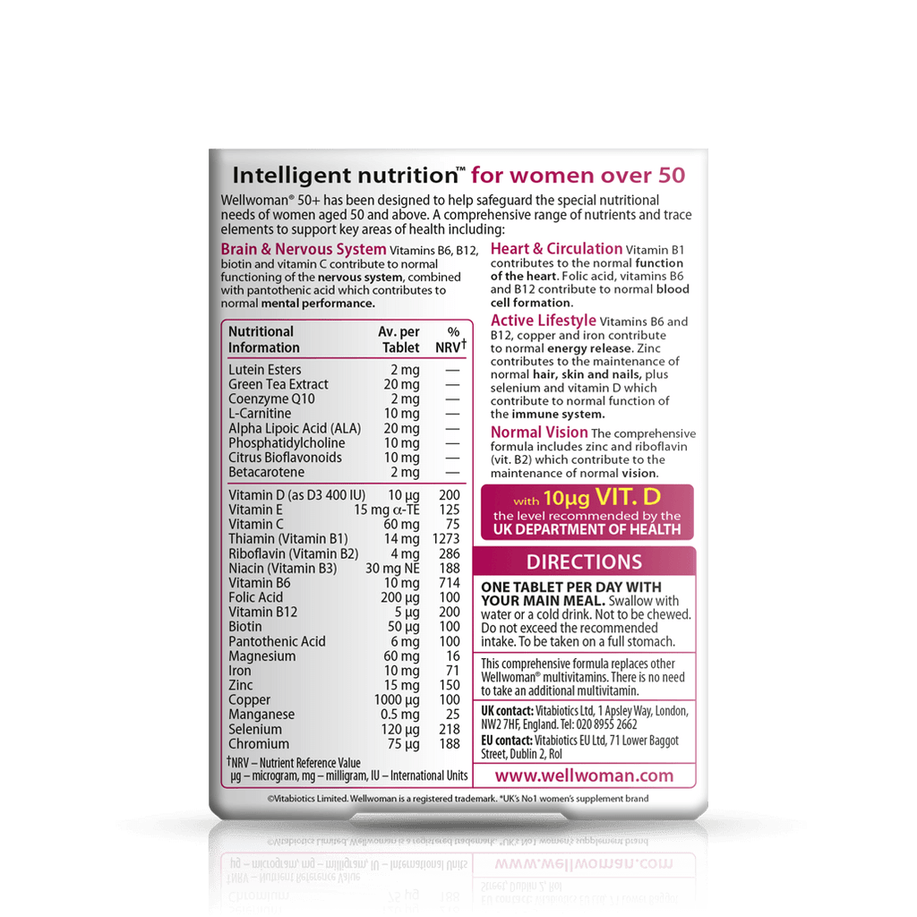 Supplement package for women over 50 with nutritional information and directions on a green background