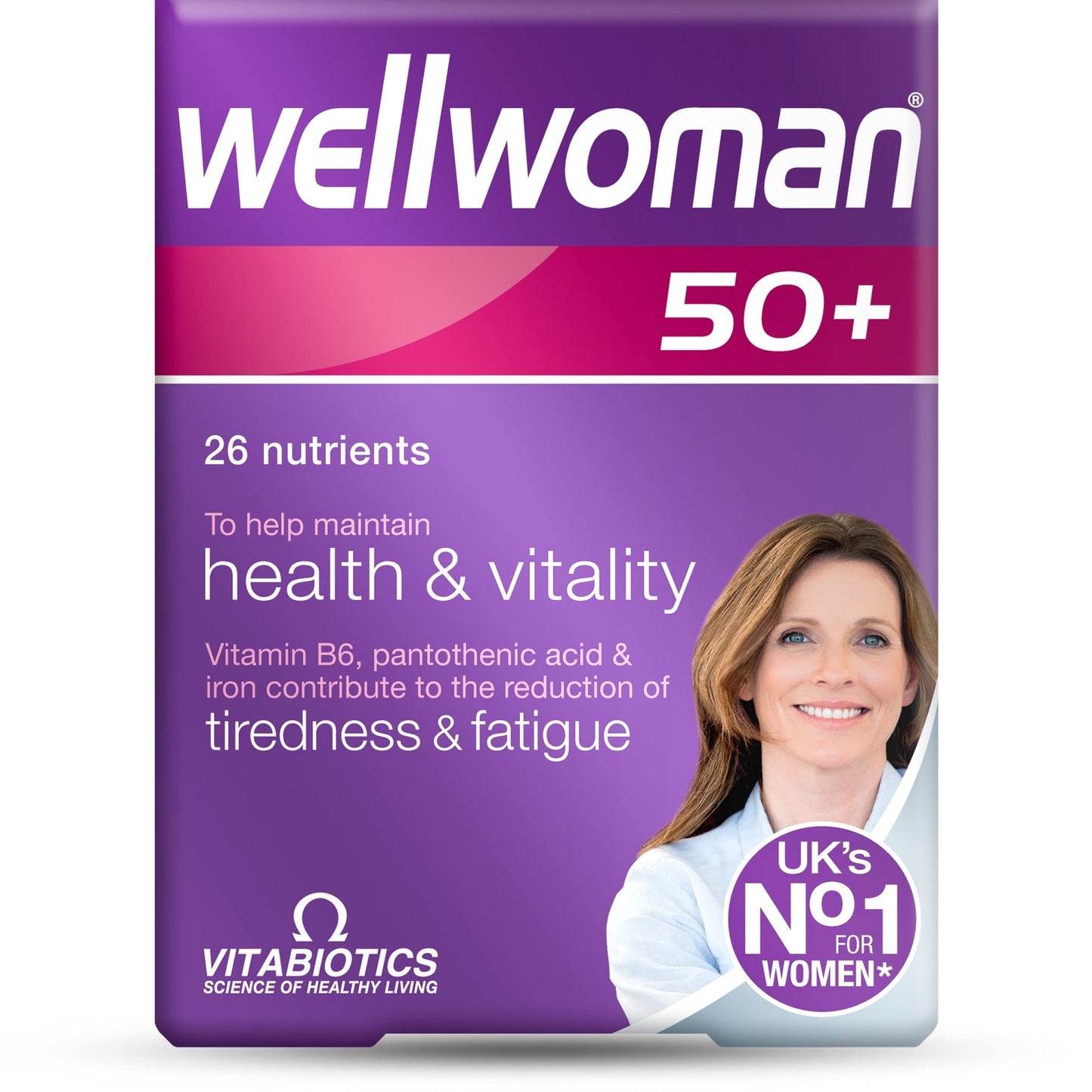 Wellwoman 50+ supplement package with a woman's face on a purple background